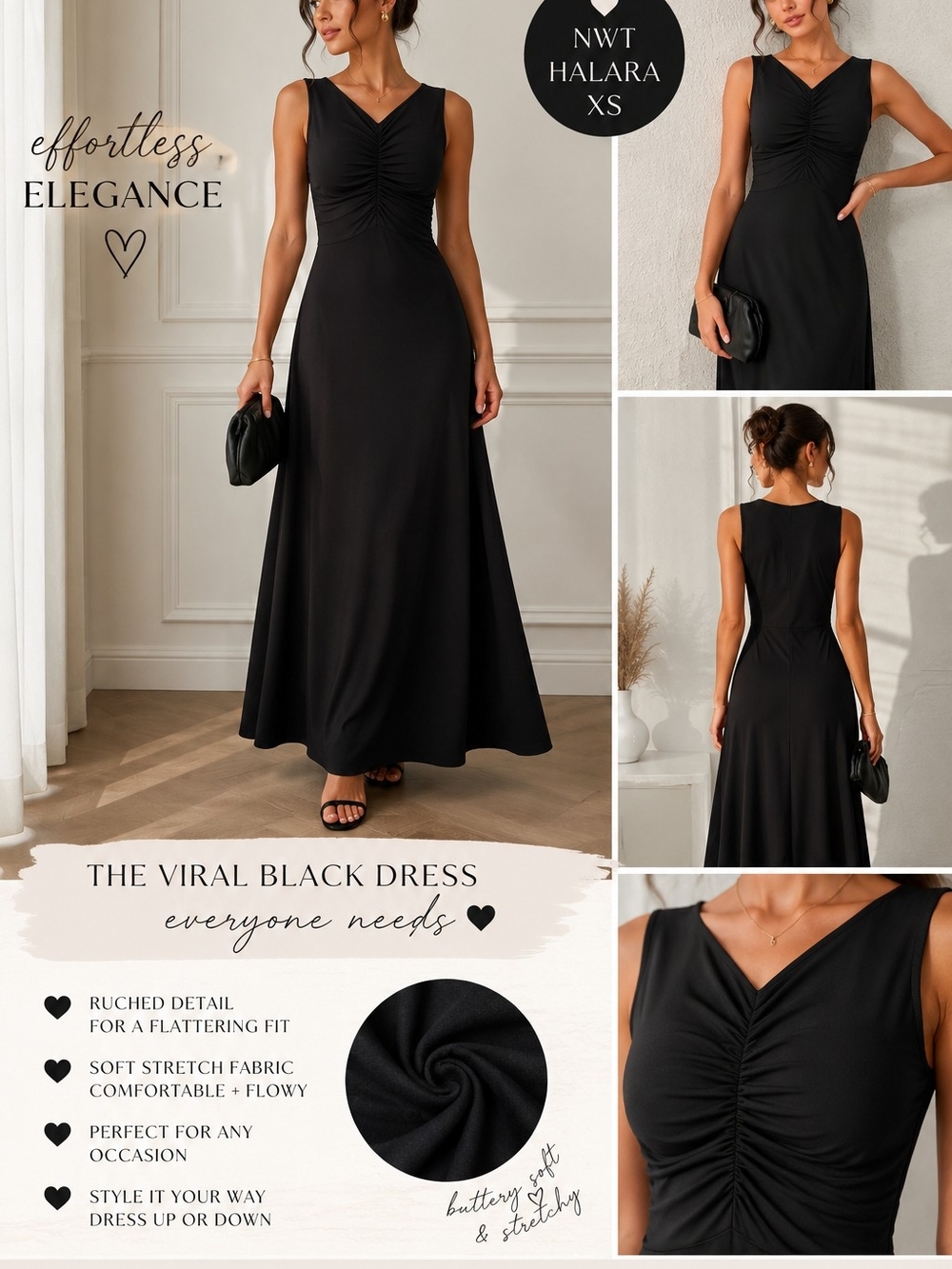 ✨️ Halara Black Ruched Maxi Dress NWT XS Quiet Luxury Flowy Elegant ✨️